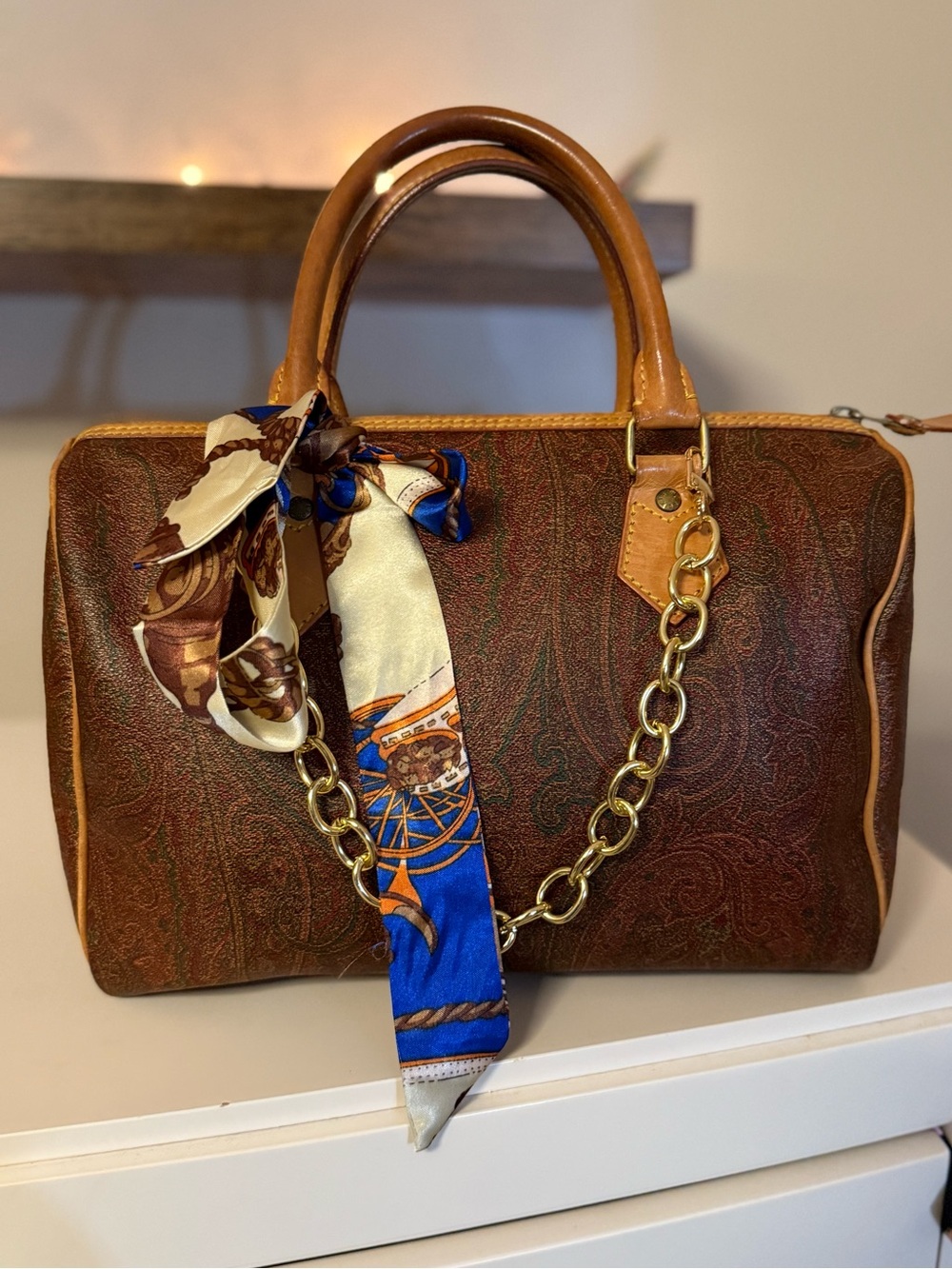 ETRO Milano Paisley Boston Bag Brown Leather Speedy Satchel Made in Italy